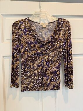 Michael Korrs  Purple, Tan & Black Draped Cowl Long Sleeve Top